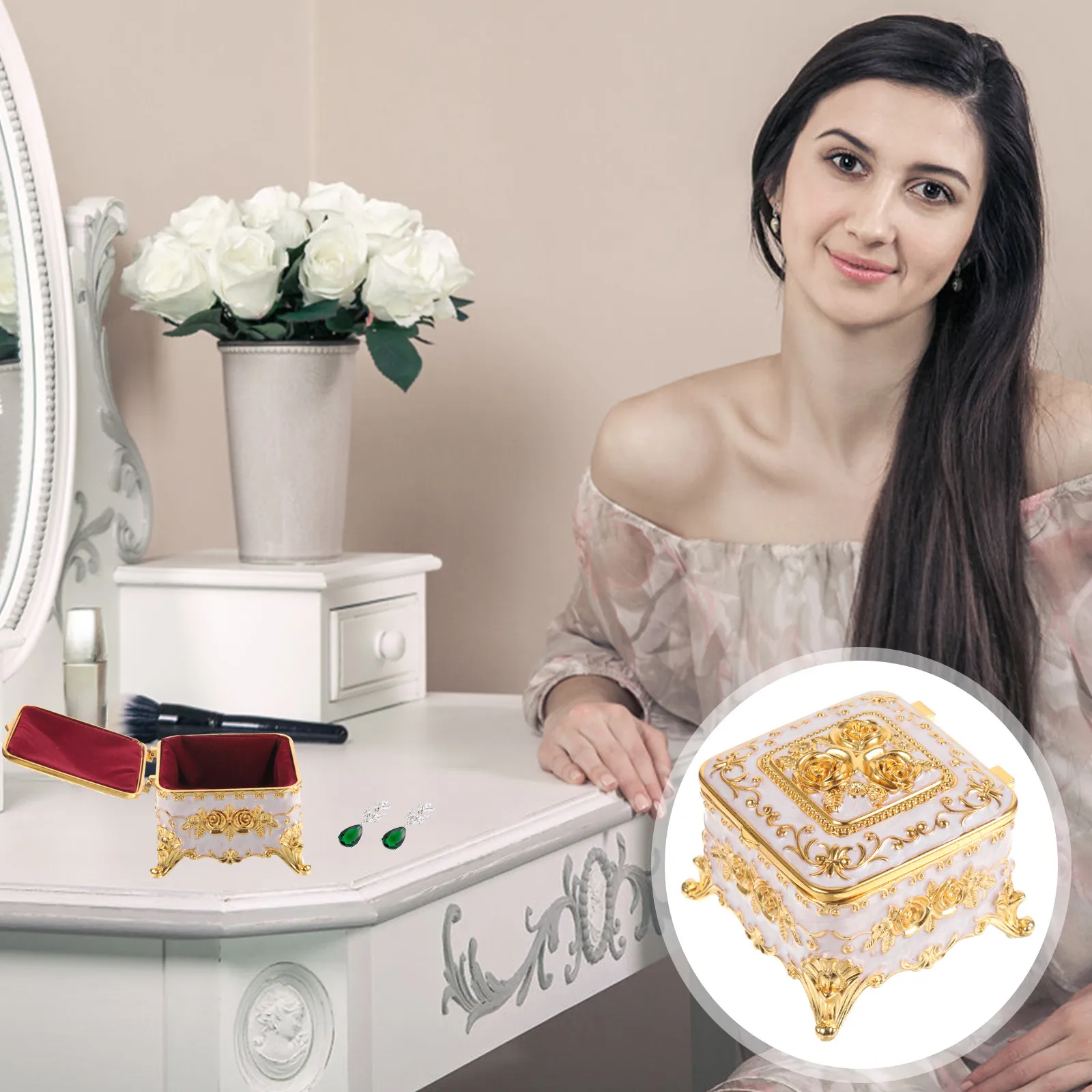 Alloy Jewelry Box Decorative Embossed Flower Pattern Retro Style Jewelry Organizer Desktop Storage Case for Earrings Necklaces
Alloy Jewelry Box Decorative Embossed Flower Pattern Retro Style Jewelry Organizer Desktop Storage Case for Earrings Necklaces