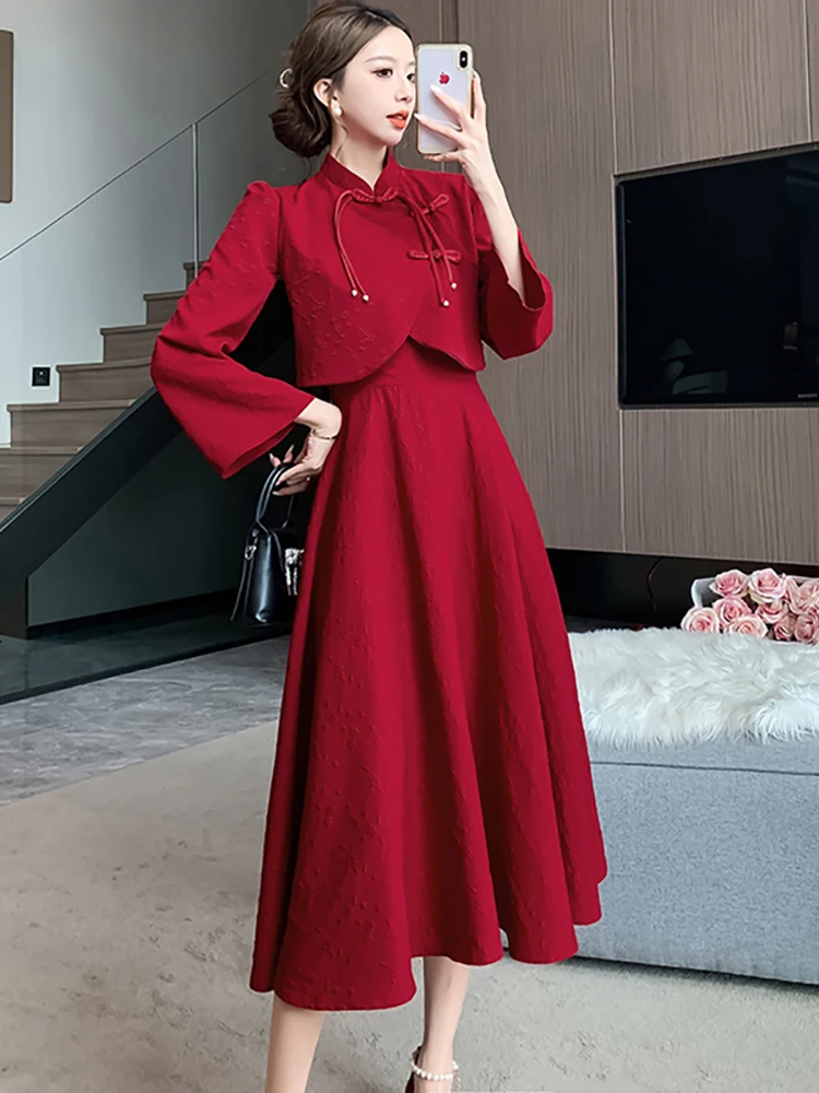 Red Jacquard Elegant Luxury Dress Sets for Wedding Women Autumn Winter Vintage Chic Dress 2024 Korean Fashion Party Night Dress
Red Jacquard Elegant Luxury Dress Sets for Wedding Women Autumn Winter Vintage Chic Dress 2024 Korean Fashion Party Night Dress