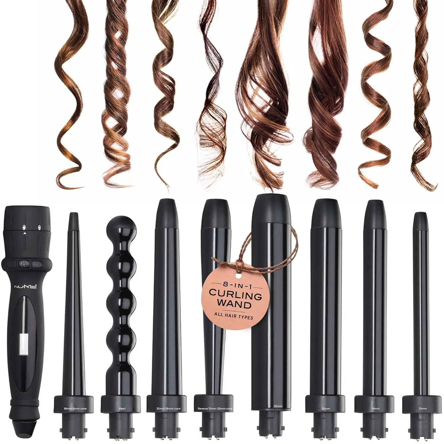 8-in-1 Curling Wand Set with Interchangeable Barrels 13-32mm, Heat Glove & Travel Case, LCD Display
8-in-1 Curling Wand Set with Interchangeable Barrels 13-32mm, Heat Glove & Travel Case, LCD Display