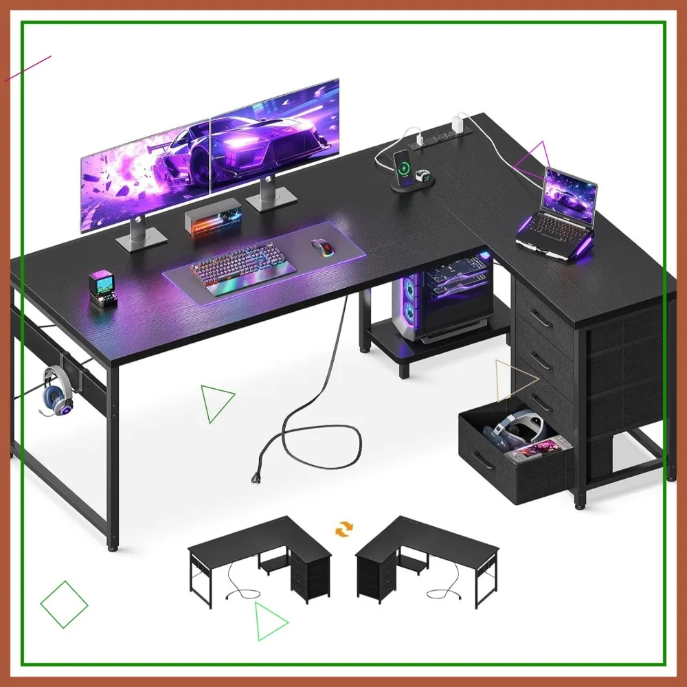 61" L Shaped Gaming Desk with 4 Drawers, Power Outlets & USB Port, Reversible Corner Desk for Home Office, Black
61" L Shaped Gaming Desk with 4 Drawers, Power Outlets & USB Port, Reversible Corner Desk for Home Office, Black