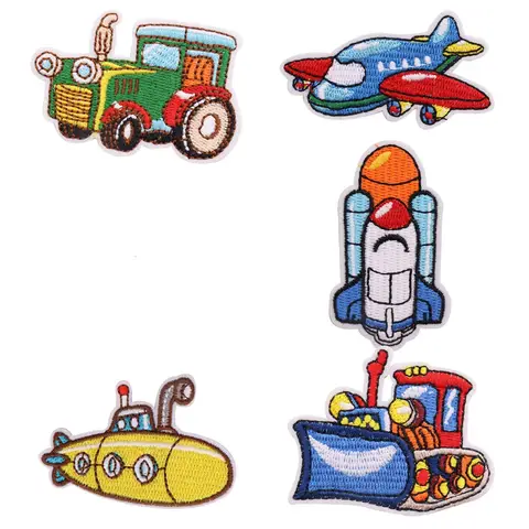 1pcs Submarine Bulldozer Rocket Plane Classic Car Patches Embroidery Iron On Clothes Jeans Apparel Decoration Appliques Sewing