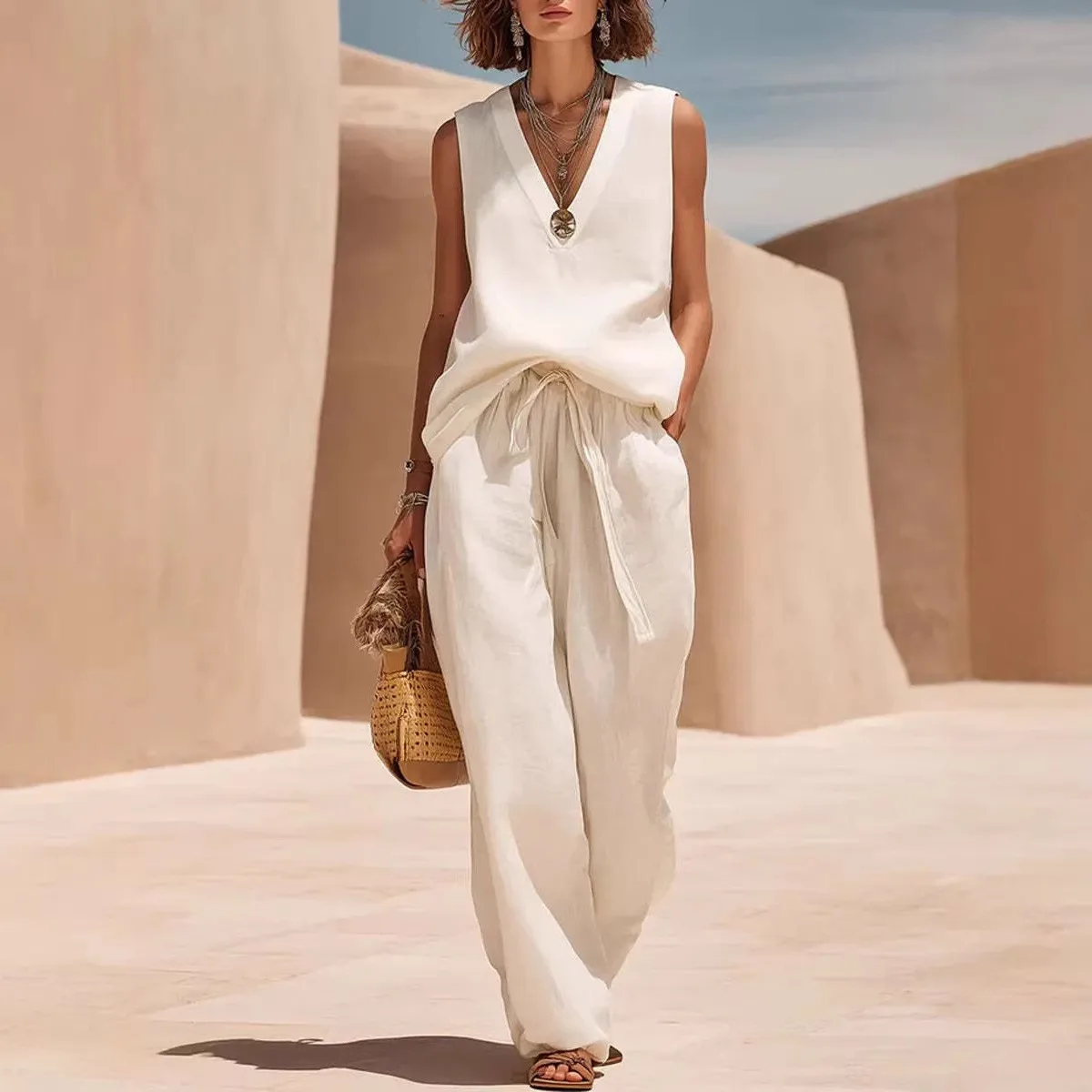 2 Pieces Set For Woman V Neck Linen Vest Wide Leg Pants Drawstring Waist Sleeveless Top Loose Fit Casual Summer Suit Beige
2 Pieces Set For Woman V Neck Linen Vest Wide Leg Pants Drawstring Waist Sleeveless Top Loose Fit Casual Summer Suit Beige