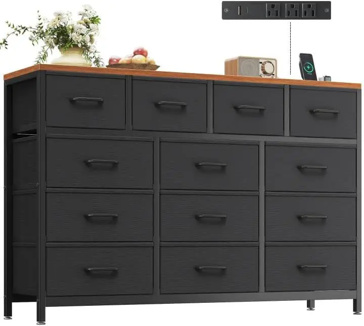 Dresser for Bedroom with Charging Station, 55" Long Dresser with 13 Storage Drawers with Shelves, Black and Vintage
Dresser for Bedroom with Charging Station, 55" Long Dresser with 13 Storage Drawers with Shelves, Black and Vintage