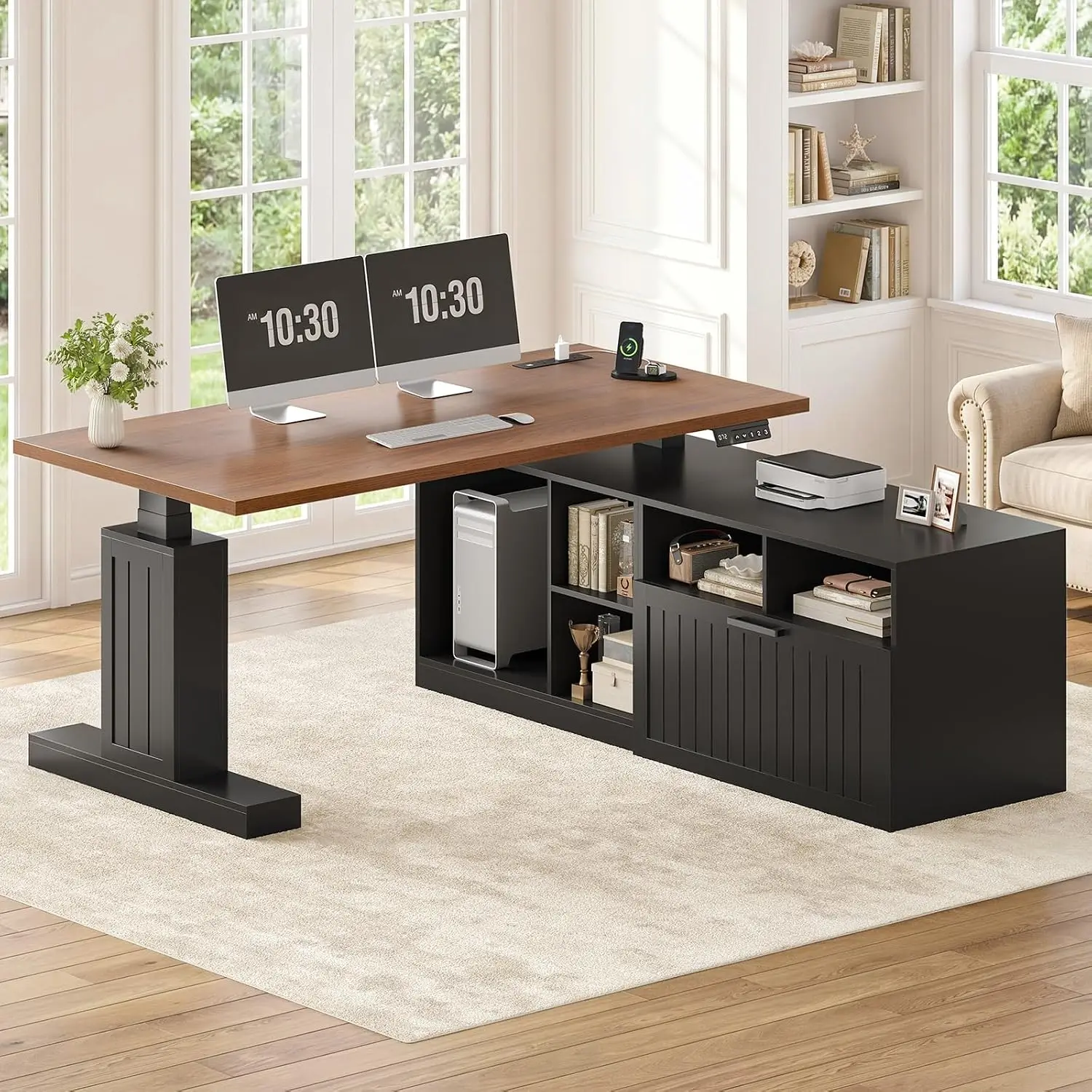 Farmhouse L Shaped Standing Desk With Lateral File Cabinet, 55.1" X 54.3" Electric Executive Desk Adjustable Height, Customized
Farmhouse L Shaped Standing Desk With Lateral File Cabinet, 55.1" X 54.3" Electric Executive Desk Adjustable Height, Customized