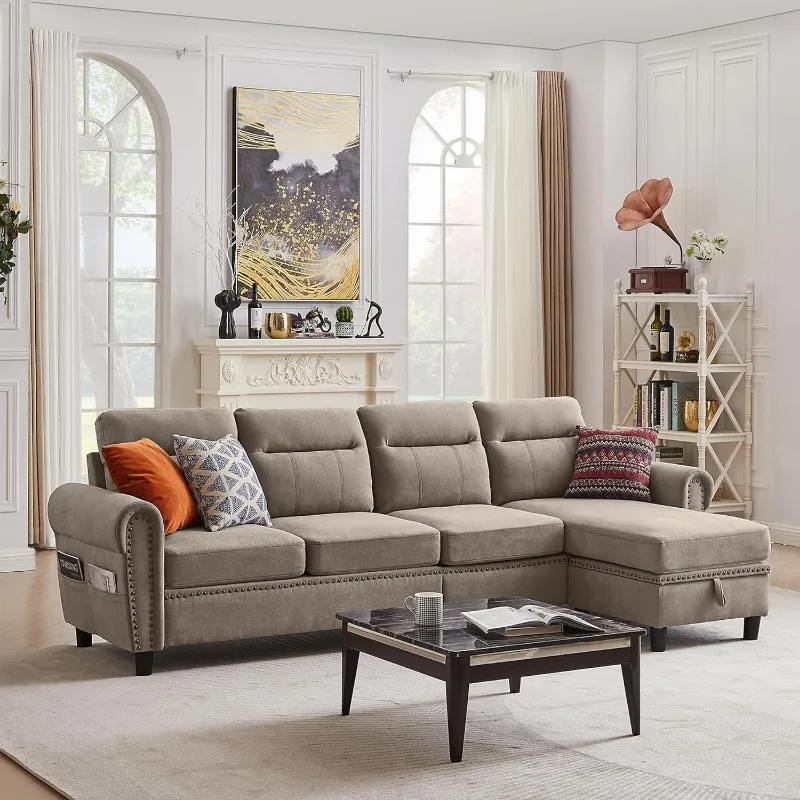 107" Convertible Sectional Sofa, 4-Seat L Shaped Couch with Storage Chaise and Side Pocket, Modern Linen Upholstered
107" Convertible Sectional Sofa, 4-Seat L Shaped Couch with Storage Chaise and Side Pocket, Modern Linen Upholstered