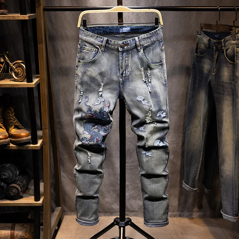 men's wind dragon embroidered jeans Spring and autumn new styles Fashionable ripped street stretch men's jeans Large size 28-44
men's wind dragon embroidered jeans Spring and autumn new styles Fashionable ripped street stretch men's jeans Large size 28-44