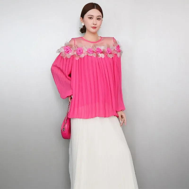 Women Blouse Three Dimensional Flower Mesh Splicing Lantern Sleeves Chiffon Shirt Women's Pleated Long Sleeved Top Fashionable
Women Blouse Three Dimensional Flower Mesh Splicing Lantern Sleeves Chiffon Shirt Women's Pleated Long Sleeved Top Fashionable