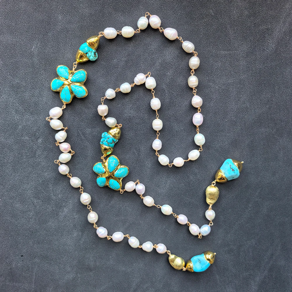 GG 46'' Natural Cultured White Rice Pearl Blue Turquoise Flower Nugget Long Necklace Women Jewelry Gifts
GG 46'' Natural Cultured White Rice Pearl Blue Turquoise Flower Nugget Long Necklace Women Jewelry Gifts