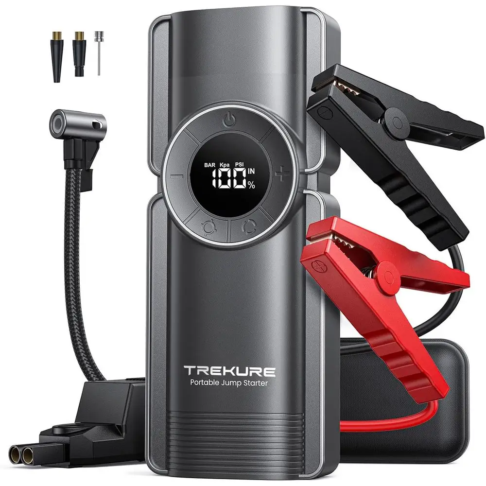 Compact 150PSI Air Compressor & 5000A Jump Starter with 9L Gas/8L Tank & LED Light
Compact 150PSI Air Compressor & 5000A Jump Starter with 9L Gas/8L Tank & LED Light