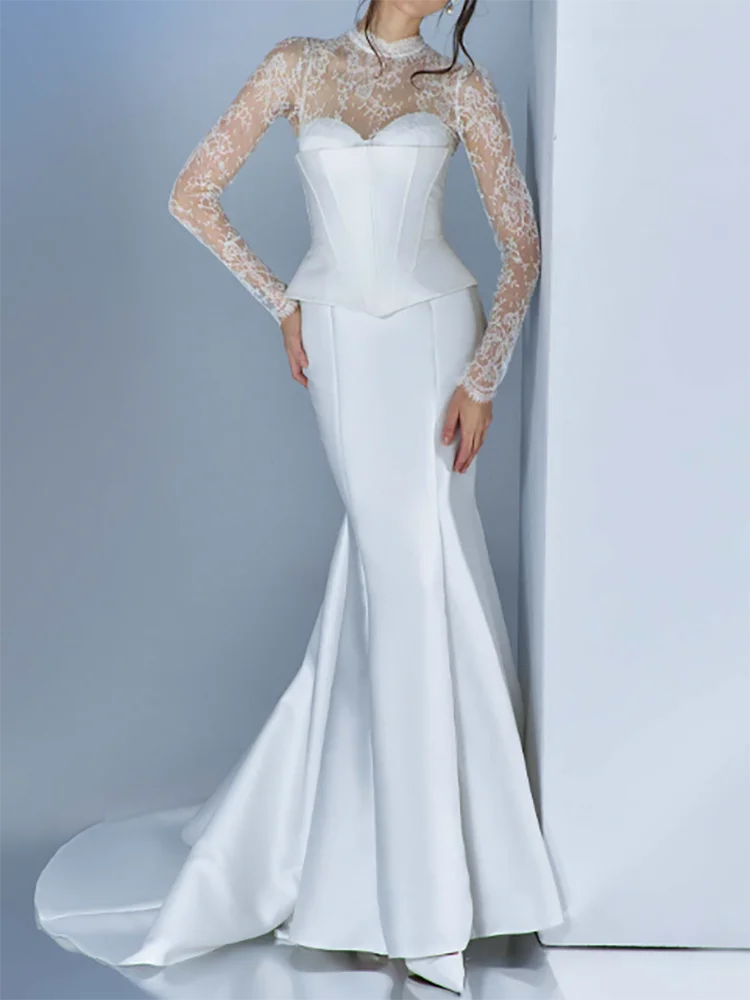 Classic Satin High Collar Lace Full Sleevle Mermaid Bride Wedding Dresses Bridal Gowns Customized
Classic Satin High Collar Lace Full Sleevle Mermaid Bride Wedding Dresses Bridal Gowns Customized