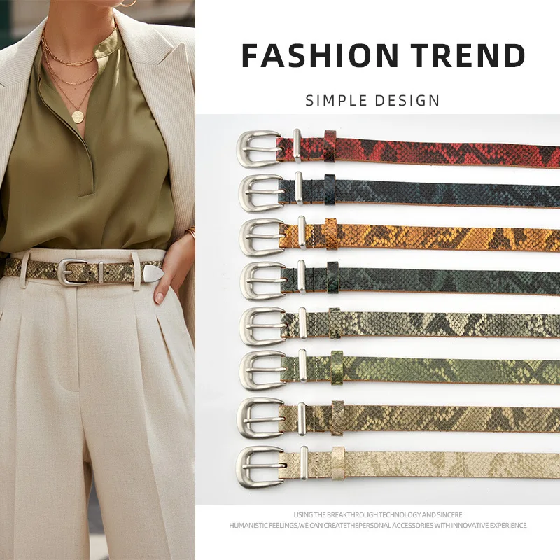 Western Snake Pattern Design Cowhide Leather Thin Women Belt Silver Pin Buckle Sknny Belt With Jeans Dress
Western Snake Pattern Design Cowhide Leather Thin Women Belt Silver Pin Buckle Sknny Belt With Jeans Dress