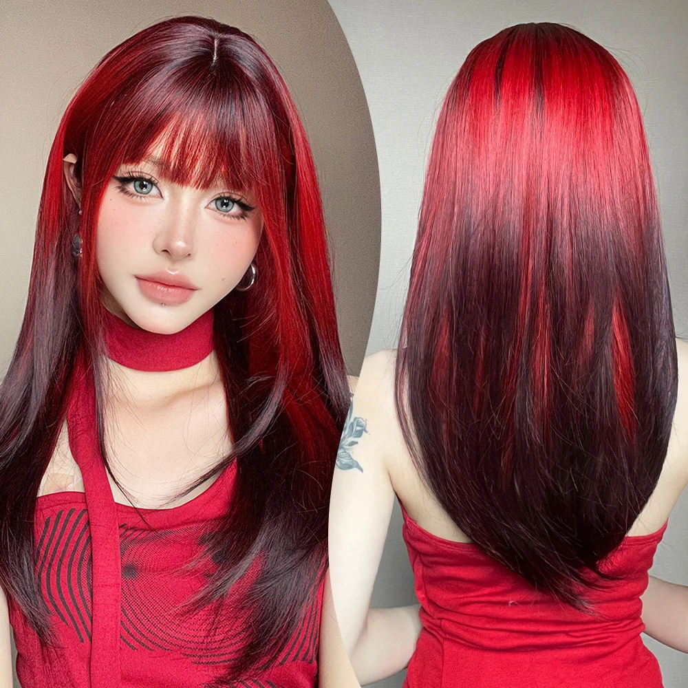 Long Layered Synthetic Straight Cosplay Wig Ombre Red to Black Hair with Bangs for Women Daily Party Use Heat Resistant Fiber
Long Layered Synthetic Straight Cosplay Wig Ombre Red to Black Hair with Bangs for Women Daily Party Use Heat Resistant Fiber