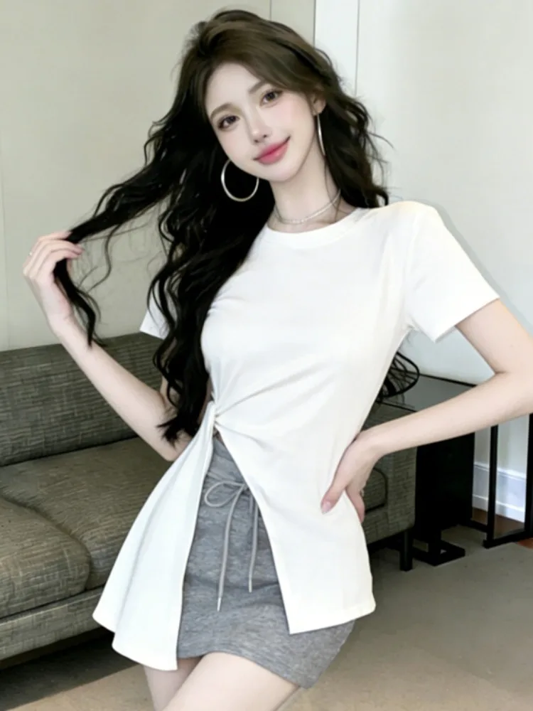 Korean Style Spicy Girl Irregular Tie Design round Neck Short Sleeve T-Shirt Women Summer New Fashion Versatile Base Top
Korean Style Spicy Girl Irregular Tie Design round Neck Short Sleeve T-Shirt Women Summer New Fashion Versatile Base Top
