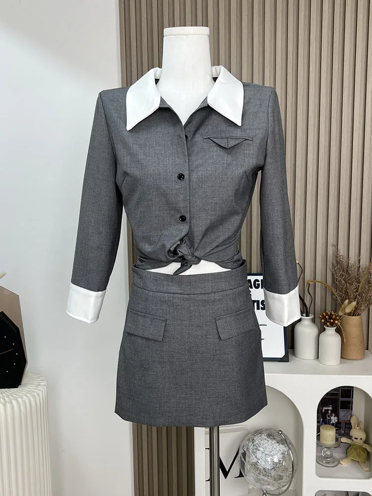 Formal Occasion Outfits 2 Piece Skirt Set Polo-Neck Shirts Grey Fashion + Wrap Hip High Waist Slim A-Line Skirt 2000s Aesthetic
Formal Occasion Outfits 2 Piece Skirt Set Polo-Neck Shirts Grey Fashion + Wrap Hip High Waist Slim A-Line Skirt 2000s Aesthetic