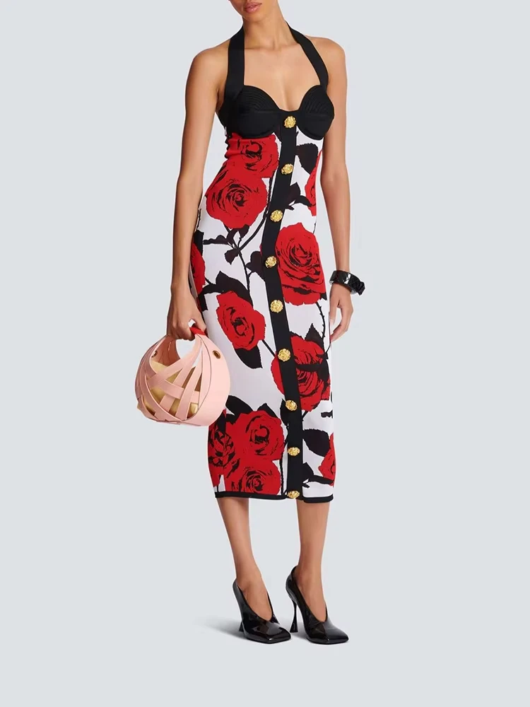 Rose Printed Knit Long Dresses Fashion Hanging Neck Backless Metal Petal Button Slim Women's Dress 2024 Autumn New
Rose Printed Knit Long Dresses Fashion Hanging Neck Backless Metal Petal Button Slim Women's Dress 2024 Autumn New
