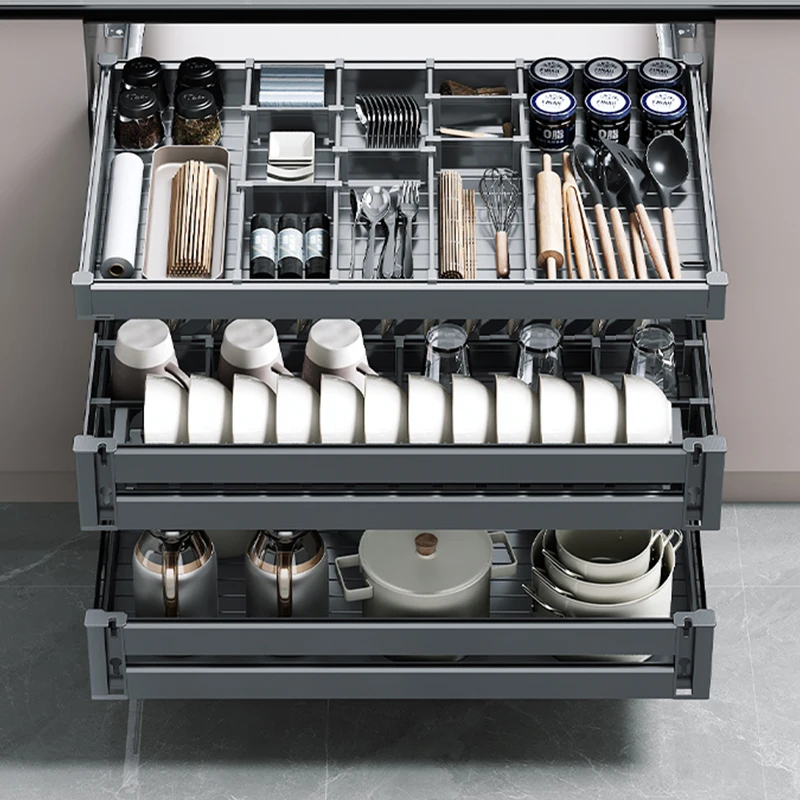 Modern style aluminum pull-out bottom cabinet storage device sliding kitchen basket drawer
Modern style aluminum pull-out bottom cabinet storage device sliding kitchen basket drawer