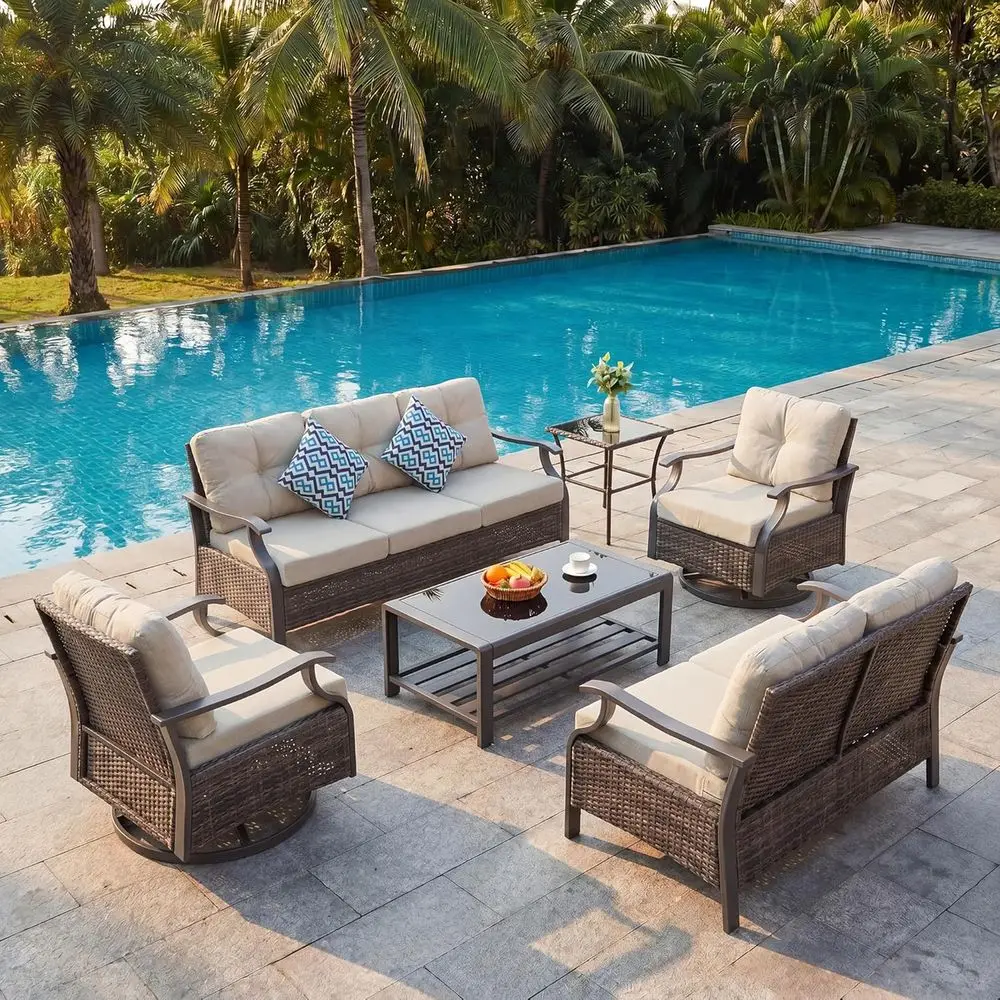 6-Piece Outdoor Sectional Set with Swivel Chairs, Metal and Wicker Patio Furniture for Backyard, Deck, Porch in Beige
6-Piece Outdoor Sectional Set with Swivel Chairs, Metal and Wicker Patio Furniture for Backyard, Deck, Porch in Beige