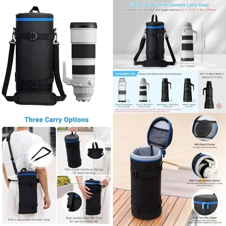 Extra Large Thick Camera Lens Case Bag for Canon RF 200-800mm F6.3-9 IS for Nikon 180-600mm/600mm F6.3 for Sony FE 200-600mm Zoom 400-800mm F6.3-8 G &Teleconverte,Fits Lenses Below 5.5x14.6"(D x L)
Extra Large Thick Camera Lens Case Bag for Canon RF 200-800mm F6.3-9 IS for Nikon 180-600mm/600mm F6.3 for Sony FE 200-600mm Zoom 400-800mm F6.3-8 G &Teleconverte,Fits Lenses Below 5.5x14.6"(D x L)