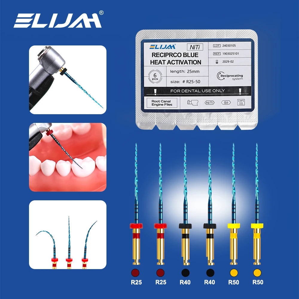 ELIJAH 6Pcs Dental Blue Endodontic Files R25/40/50 21/25/31mm Engine Use NiTi Reciprocating Rotary Root Canal File Instrument
ELIJAH 6Pcs Dental Blue Endodontic Files R25/40/50 21/25/31mm Engine Use NiTi Reciprocating Rotary Root Canal File Instrument