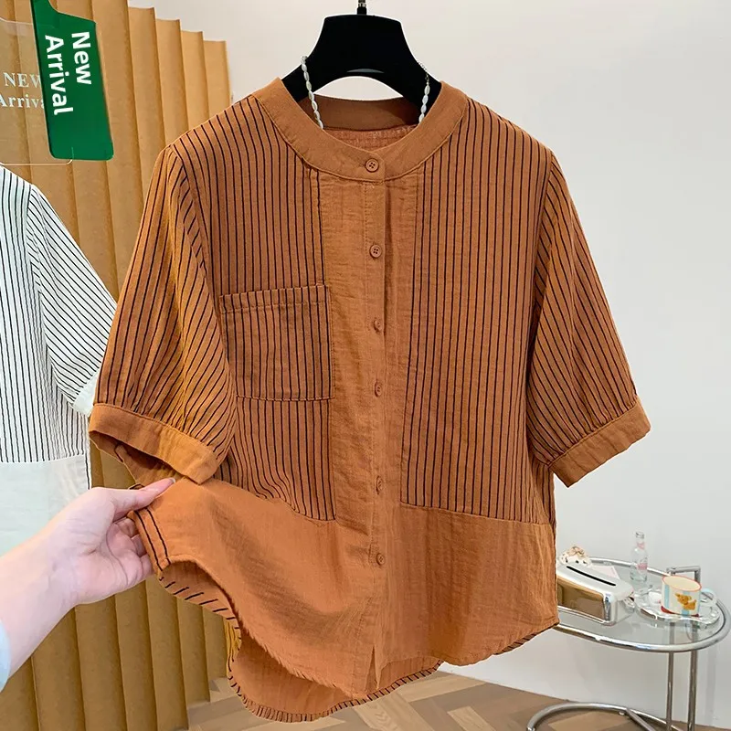 Summer 2026 Double Layer Cotton Stripe Patchwork Shirt plus Size Women's Short Sleeve Outerwear Top Breathable Thin Material
Summer 2026 Double Layer Cotton Stripe Patchwork Shirt plus Size Women's Short Sleeve Outerwear Top Breathable Thin Material