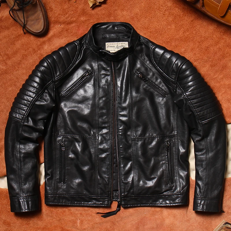 Классический байкерский джет из овчины растительного дубления, мужское байкерское пальто с воротником-стойкой, облегающее пальто из натуральной кожи для верховой езды
Классический байкерский джет из овчины растительного дубления, мужское байкерское пальто с воротником-стойкой, облегающее пальто из натуральной кожи для верховой езды