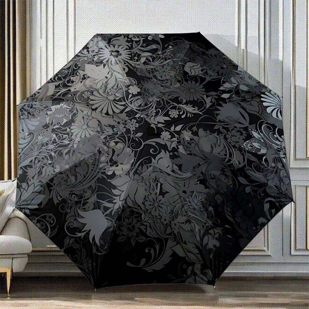 Automatic Folding Umbrella with Floral & Leaf Patterns in Shades of Gray on Black - Portable Collapsible Design, 8-Rib Durable
Automatic Folding Umbrella with Floral & Leaf Patterns in Shades of Gray on Black - Portable Collapsible Design, 8-Rib Durable