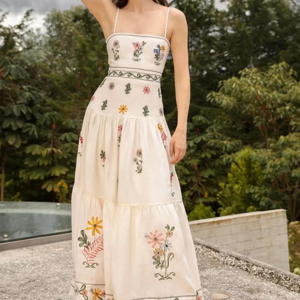 Women Floral Embroidery Linen sling Maxi Dress Square Collar High Waist fashion long dress
Women Floral Embroidery Linen sling Maxi Dress Square Collar High Waist fashion long dress
