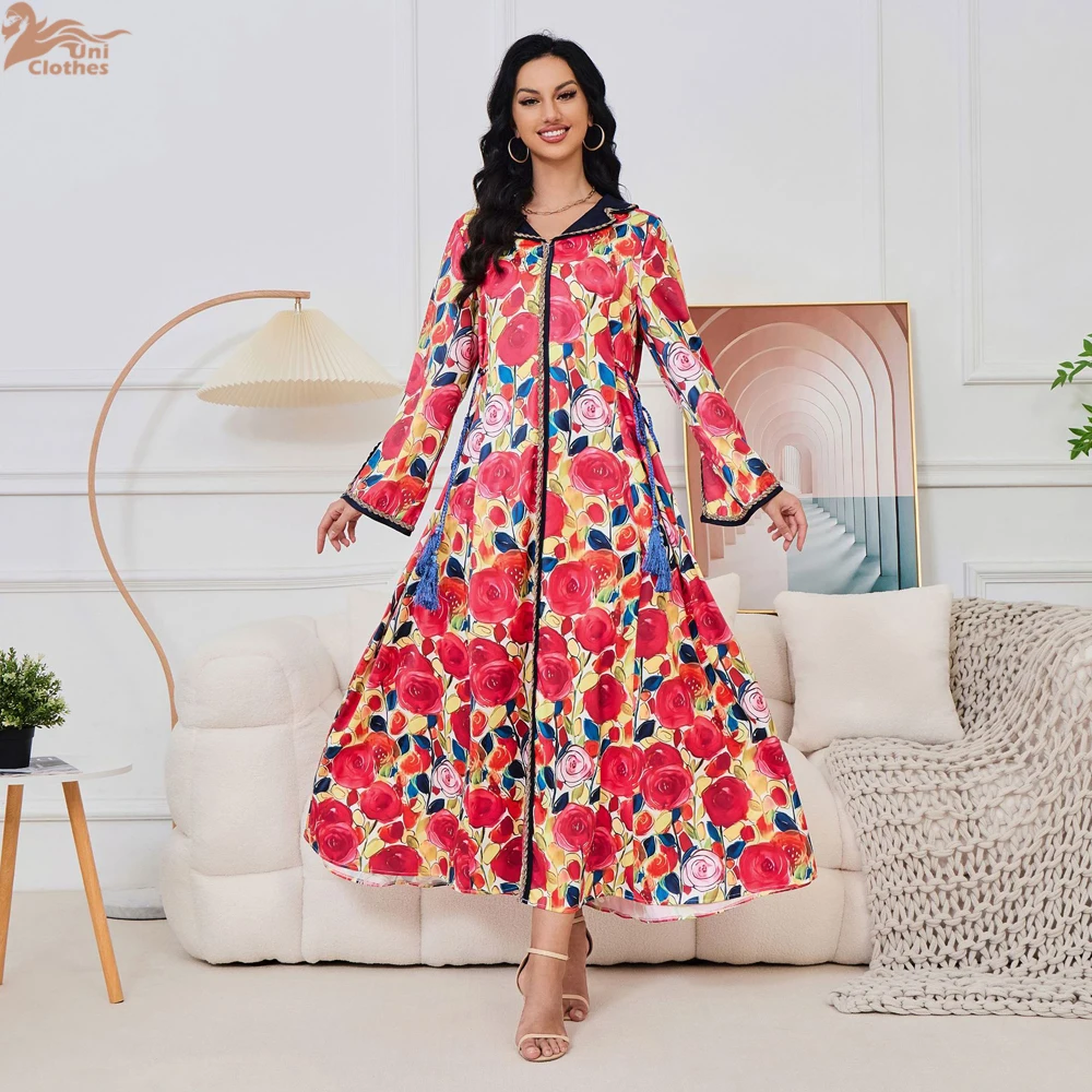 Uni Fashion Arabic Robe Jalabiya Notched V-Neck Floral Dress For Muslim Woman Dubai Moroccan Elegant Casual Loose Abayas
Uni Fashion Arabic Robe Jalabiya Notched V-Neck Floral Dress For Muslim Woman Dubai Moroccan Elegant Casual Loose Abayas