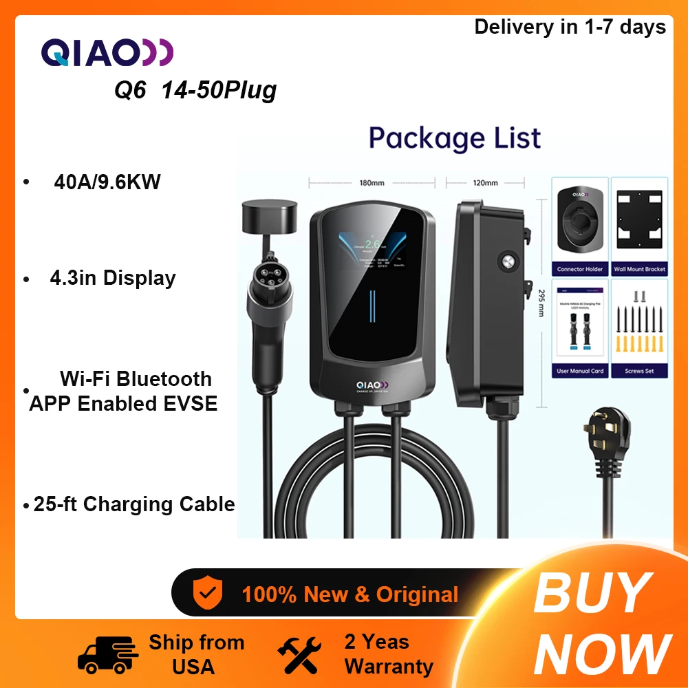 QIAO Level 2 Electric Vehicle Charger Type1 9.6KW 40A, 4.3-inch Display,, 25-ft Cable, NEMA 14-50 plug For all SAE J1772 Electric Vehicle Models
QIAO Level 2 Electric Vehicle Charger Type1 9.6KW 40A, 4.3-inch Display,, 25-ft Cable, NEMA 14-50 plug For all SAE J1772 Electric Vehicle Models