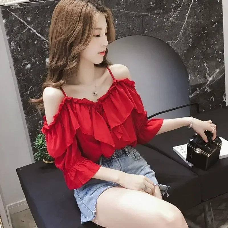Chic Short Sleeve Chiffon Shirt Women Summer Sexy Off Shoulder Strap Fashion Korean Shirt Solid Y2k Top StreetWear
Chic Short Sleeve Chiffon Shirt Women Summer Sexy Off Shoulder Strap Fashion Korean Shirt Solid Y2k Top StreetWear