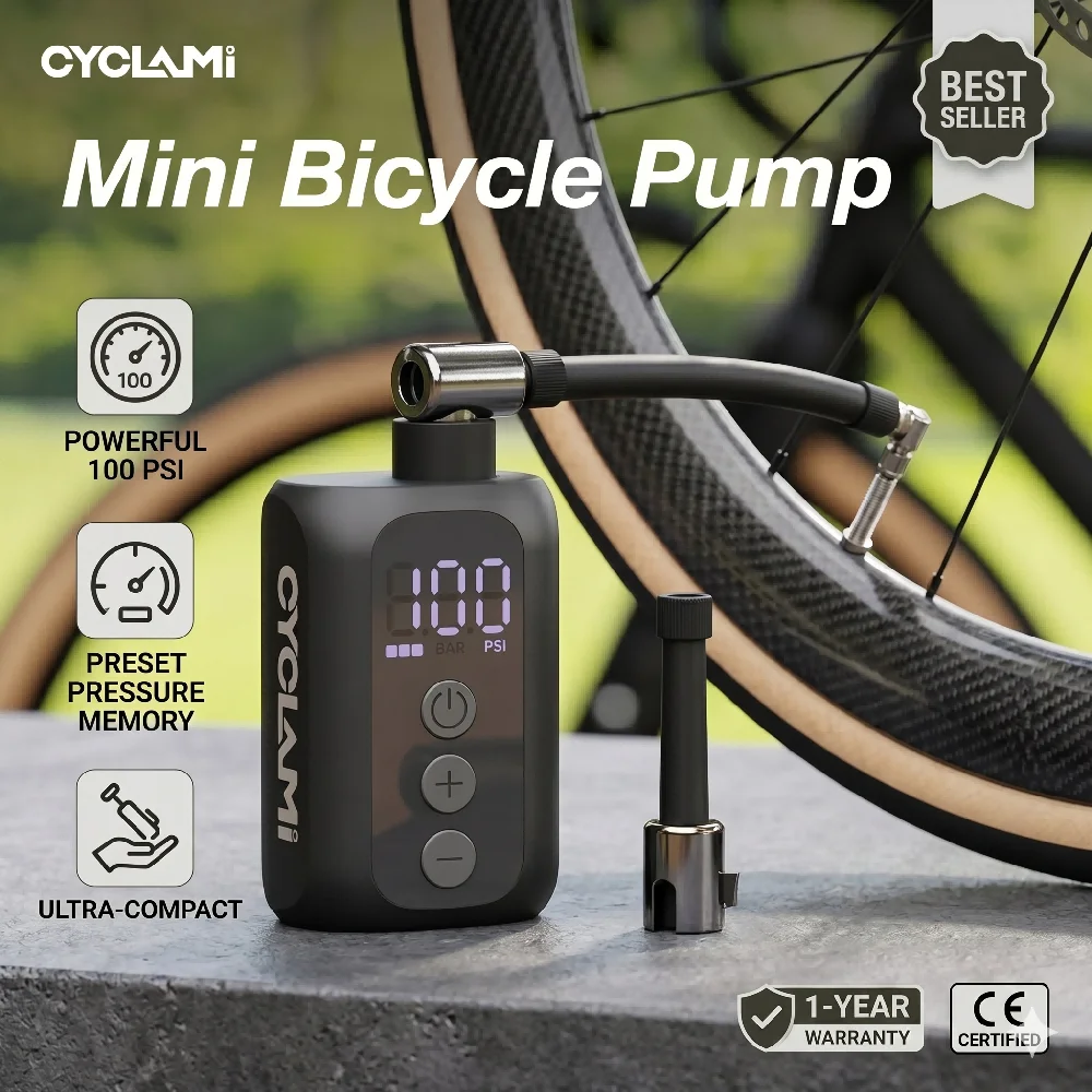 CYCLAMI A5mini Electric Bike Pump 100PSI Portable Mini Bicycle Tire Inflator Wireless Rechargeable Smart Air Pump For Road MTB B
CYCLAMI A5mini Electric Bike Pump 100PSI Portable Mini Bicycle Tire Inflator Wireless Rechargeable Smart Air Pump For Road MTB B