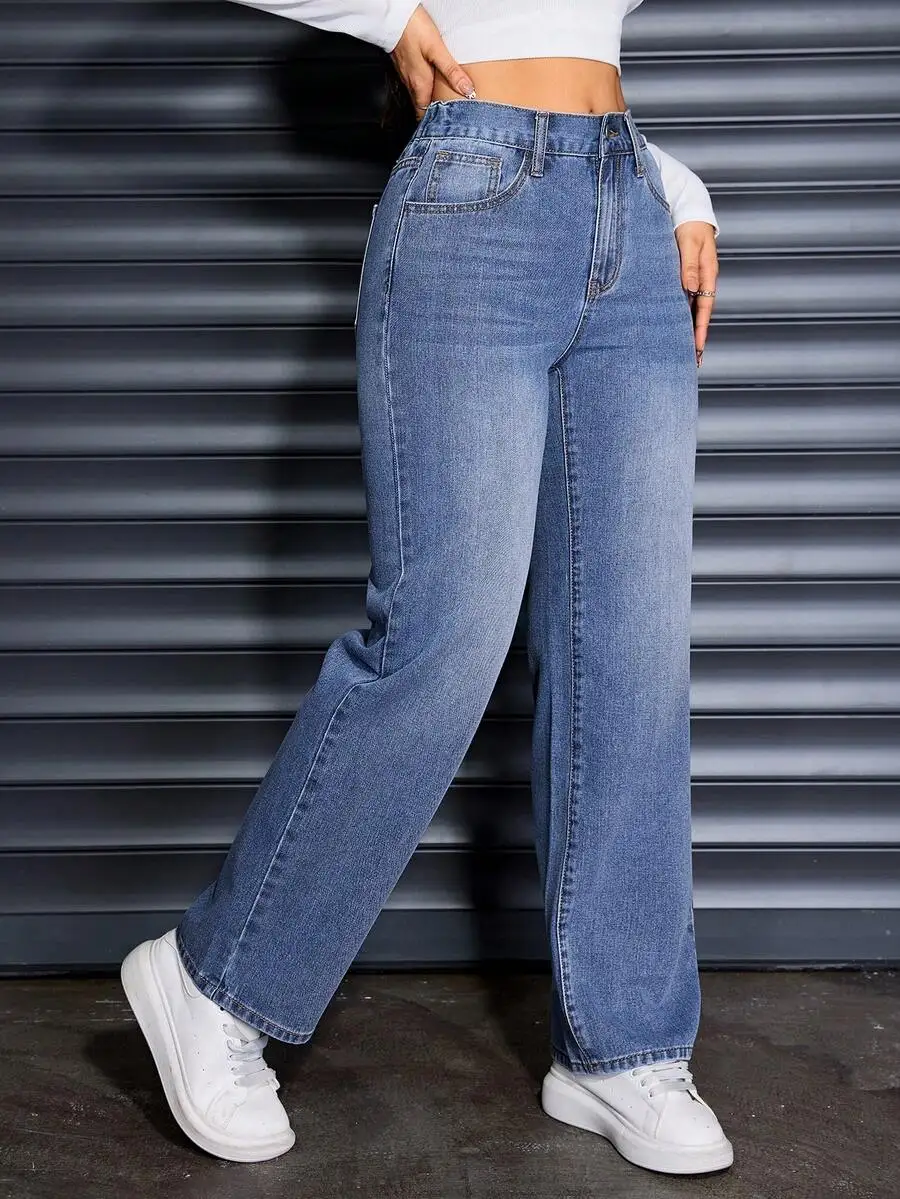 Women's High Waist Wide Leg Jeans, Medium Blue Distressed Cat Whisker Denim, Casual Loose Fit
Women's High Waist Wide Leg Jeans, Medium Blue Distressed Cat Whisker Denim, Casual Loose Fit