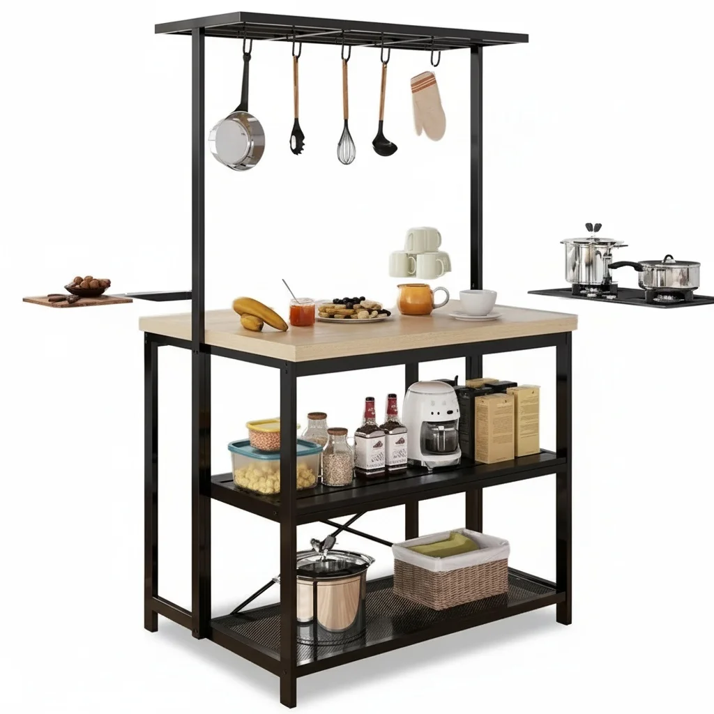 3-Tier Microwave Stand, Wood and Metal Bakers Rack with 5 Hooks, Freestanding Kitchen Island Shelf, Oven Storage Rack
3-Tier Microwave Stand, Wood and Metal Bakers Rack with 5 Hooks, Freestanding Kitchen Island Shelf, Oven Storage Rack
