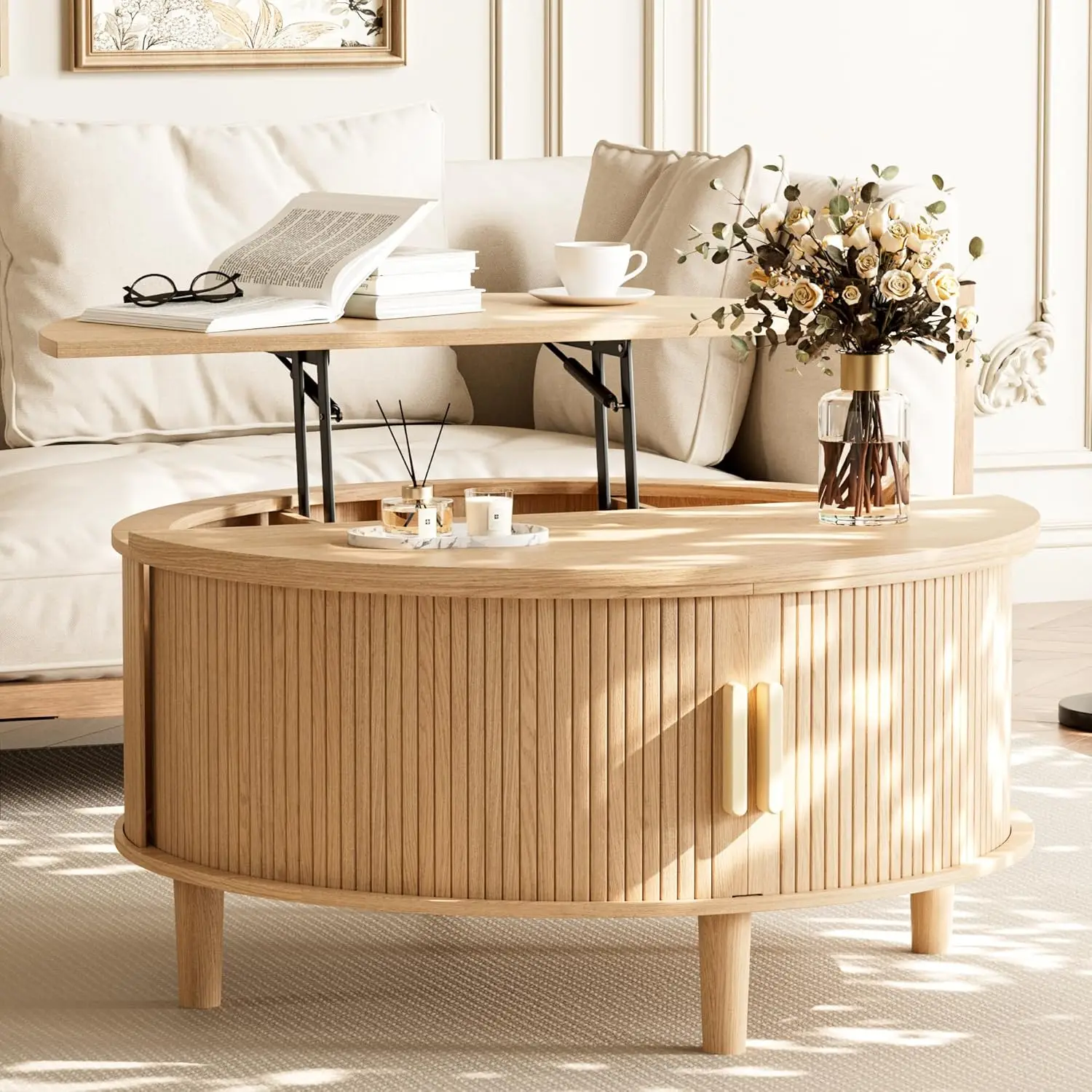 Round Coffee Table Lift Top with Storage, Fluted Drum Coffee Table for Living Room, Mid Century Modern Oak Wood, Customized
Round Coffee Table Lift Top with Storage, Fluted Drum Coffee Table for Living Room, Mid Century Modern Oak Wood, Customized