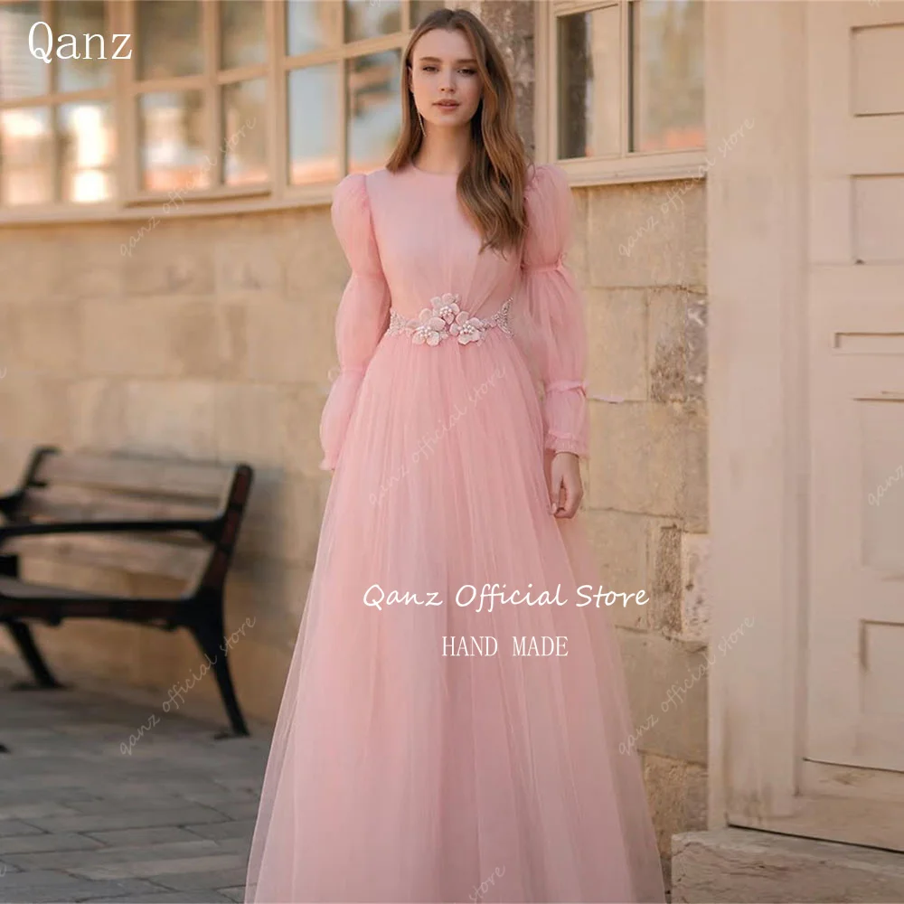 Qanz Graceful Tulle Prom Dress O Neck Puff Sleeves Blush Pink 3D Flowers Evening Dresses Long Vestidos De Festa Customized
Qanz Graceful Tulle Prom Dress O Neck Puff Sleeves Blush Pink 3D Flowers Evening Dresses Long Vestidos De Festa Customized