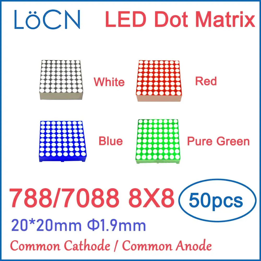 8x8 8*8 1.9mm LED Dot Matrix Display RED GREEN BLUE WHITE Module Common Cathode Anode 20*20mm 3mm 3.75mm 5mm digital tube 788
8x8 8*8 1.9mm LED Dot Matrix Display RED GREEN BLUE WHITE Module Common Cathode Anode 20*20mm 3mm 3.75mm 5mm digital tube 788