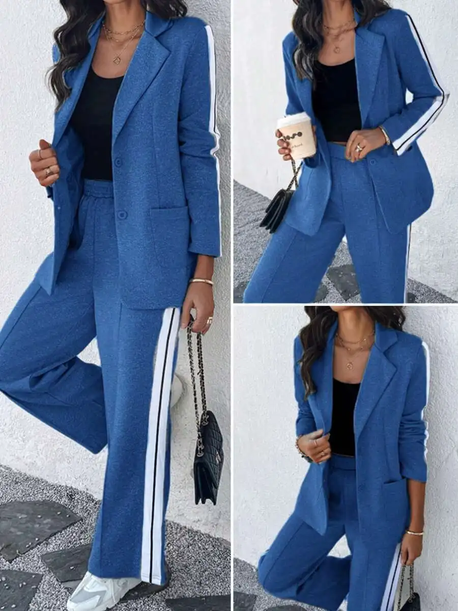 Blue 2-Piece Set Notched Collar Button Front Jacket With Striped Side Palazzo Pants Spring Fashion
Blue 2-Piece Set Notched Collar Button Front Jacket With Striped Side Palazzo Pants Spring Fashion