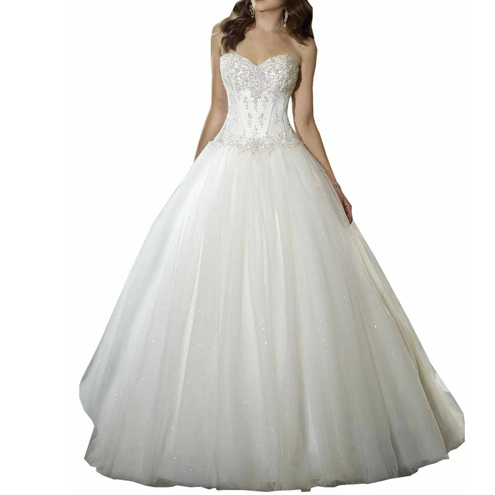 Customized Glitter Ball Gown Wedding Dress In Stock Sweetheart Lace Appliques Bridal Gown Corset Puffy Tulle robe de mariee
Customized Glitter Ball Gown Wedding Dress In Stock Sweetheart Lace Appliques Bridal Gown Corset Puffy Tulle robe de mariee