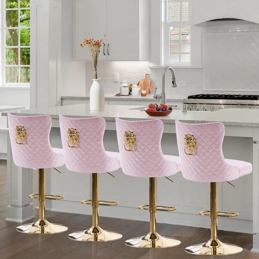 Gold Bar Stools Set of 4, Modern Adjustable Swivel Counter Stools with Lion Pull Ring, Dining Room, Cafe, Pink Bar Chairs
Gold Bar Stools Set of 4, Modern Adjustable Swivel Counter Stools with Lion Pull Ring, Dining Room, Cafe, Pink Bar Chairs
