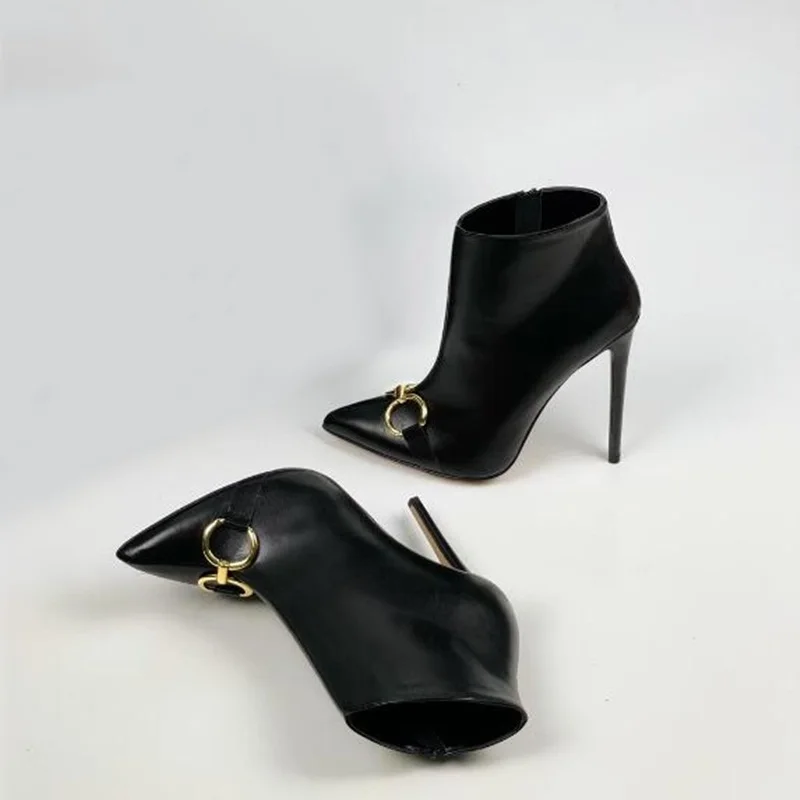 Gold Metal Ring Women High Heel Ankle Boots Black Matte Leather Pointed Toe Side Zipper Spring Autumn Party Shoes
Gold Metal Ring Women High Heel Ankle Boots Black Matte Leather Pointed Toe Side Zipper Spring Autumn Party Shoes