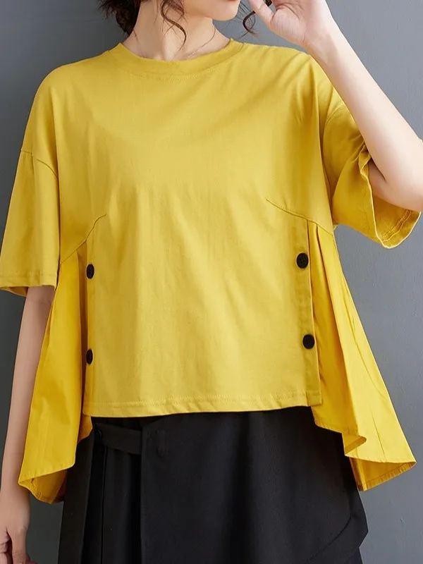 Casual Loose Button Design Asymmetrical T-Shirt Short Sleeve round Neck Cotton Blend Summer Top for plus Size Women
Casual Loose Button Design Asymmetrical T-Shirt Short Sleeve round Neck Cotton Blend Summer Top for plus Size Women