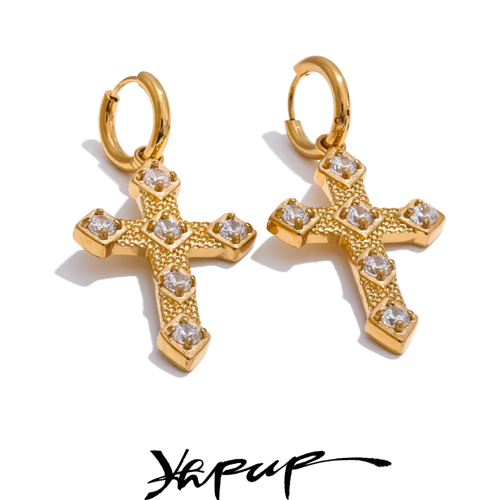 Yhpup Trending Bling Cubic Zirconia Classic Cross Drop Hoop Earrings 18K Gold Color PVD Plated Stainless Steel Exquisite Jewelry
Yhpup Trending Bling Cubic Zirconia Classic Cross Drop Hoop Earrings 18K Gold Color PVD Plated Stainless Steel Exquisite Jewelry