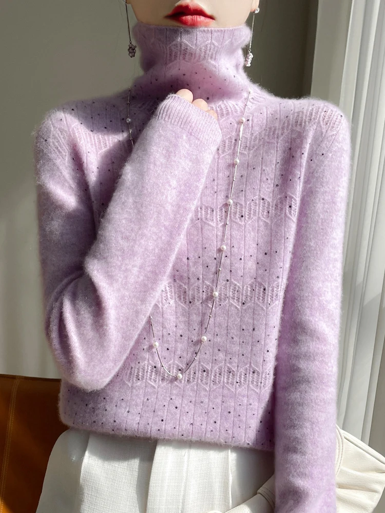 Hollow Out Turtleneck 100% Merino Wool Women's Pullovers Slim Diamond-encrusted Sweater Autumn Winter Soft Basics Tops
Hollow Out Turtleneck 100% Merino Wool Women's Pullovers Slim Diamond-encrusted Sweater Autumn Winter Soft Basics Tops