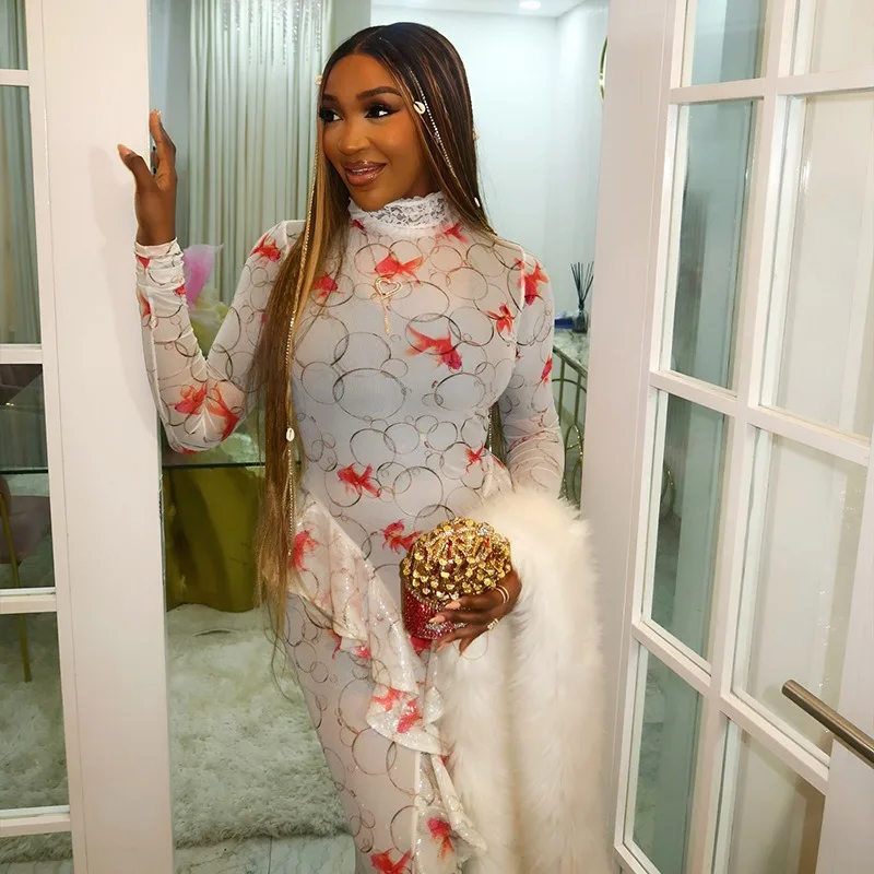 Women's Goldfish Print Turtleneck Long Sleeve Pleated Ruffled Split Hips Wrapped Long Dress, Gauze Spliced, Sight Perspective
Women's Goldfish Print Turtleneck Long Sleeve Pleated Ruffled Split Hips Wrapped Long Dress, Gauze Spliced, Sight Perspective