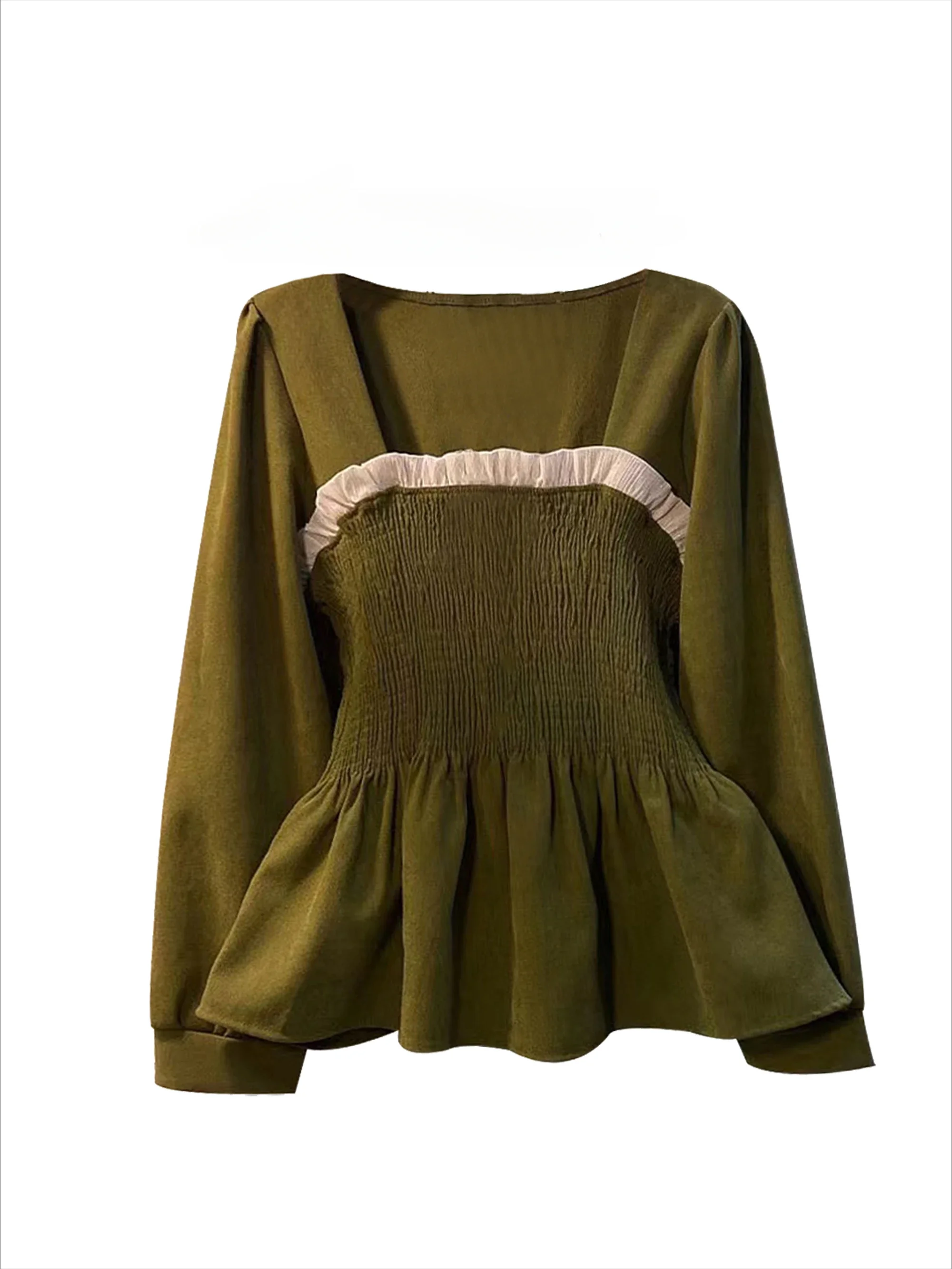 Women's French Retro Fungus Edges Square Neck Long-sleeved Shirts Spring and Autumn Shirring Waist Slim Temperament Blouse Tops
Women's French Retro Fungus Edges Square Neck Long-sleeved Shirts Spring and Autumn Shirring Waist Slim Temperament Blouse Tops
