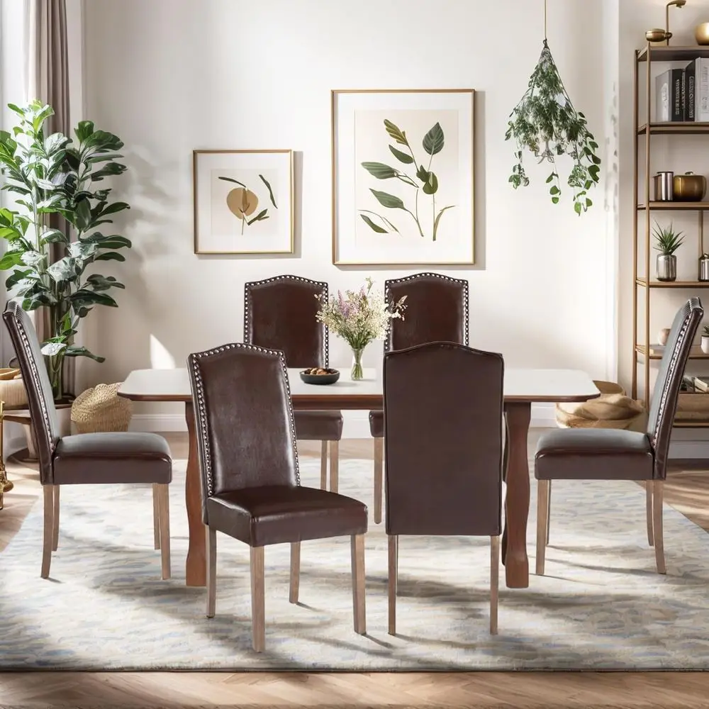 Elegant High-Back Dining Chairs with Silver Nail Trim and Wooden Legs, Set of 6, Brown PU Leather
Elegant High-Back Dining Chairs with Silver Nail Trim and Wooden Legs, Set of 6, Brown PU Leather