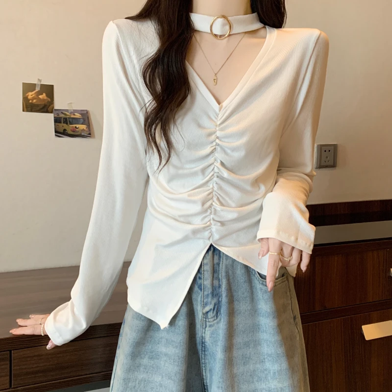 Women T-shirt Design V-neck Sweet Versatile Slim Pleated Tops Thin Long-sleeved Sweet Solid Color Blouse Female
Women T-shirt Design V-neck Sweet Versatile Slim Pleated Tops Thin Long-sleeved Sweet Solid Color Blouse Female