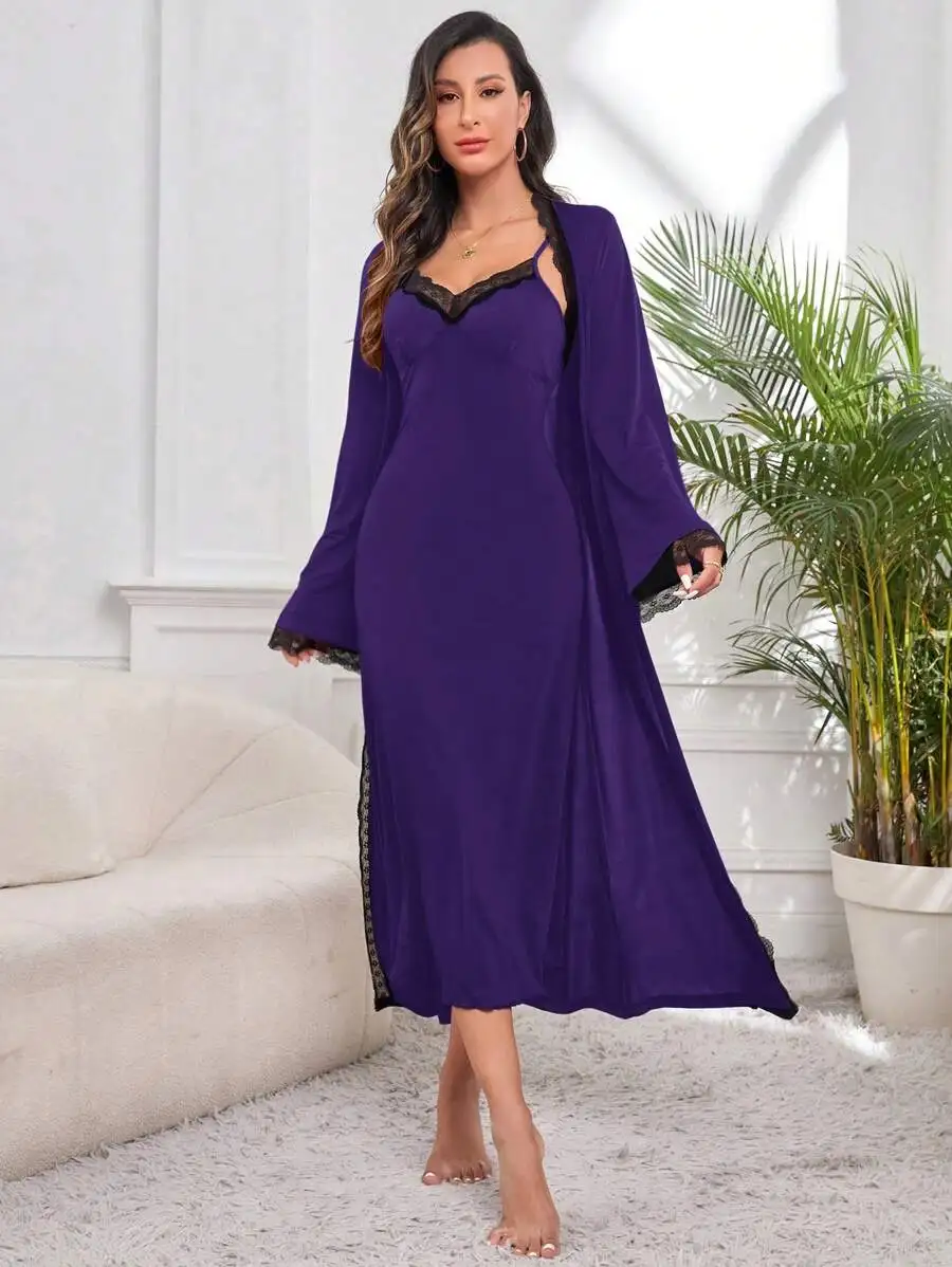 Purple Lace Trim Slip Sleep Dress And Belted Robe Pajama Set For Women
Purple Lace Trim Slip Sleep Dress And Belted Robe Pajama Set For Women