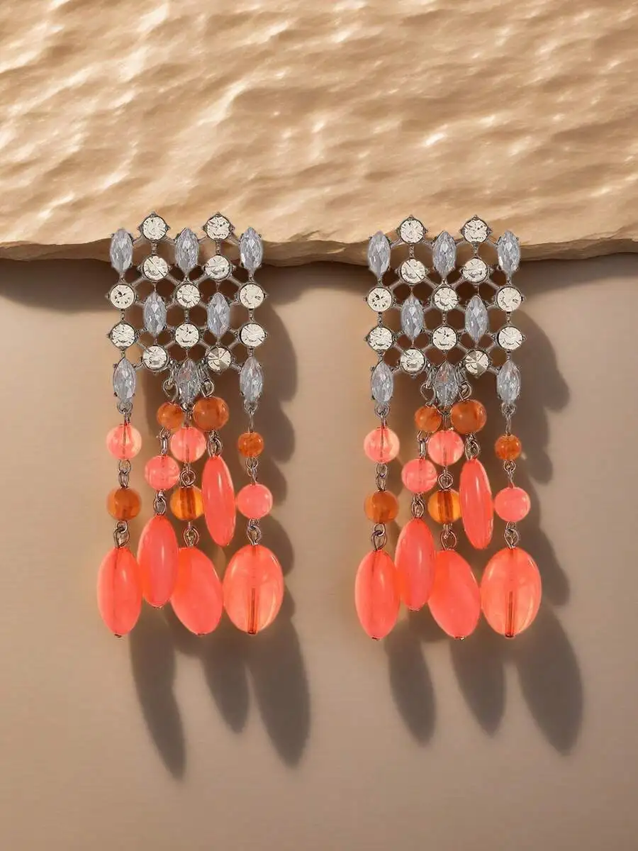 Crystal Coral Stone Waterfall Chandelier Earrings Gunmetal Tone Bohemian Style
Crystal Coral Stone Waterfall Chandelier Earrings Gunmetal Tone Bohemian Style