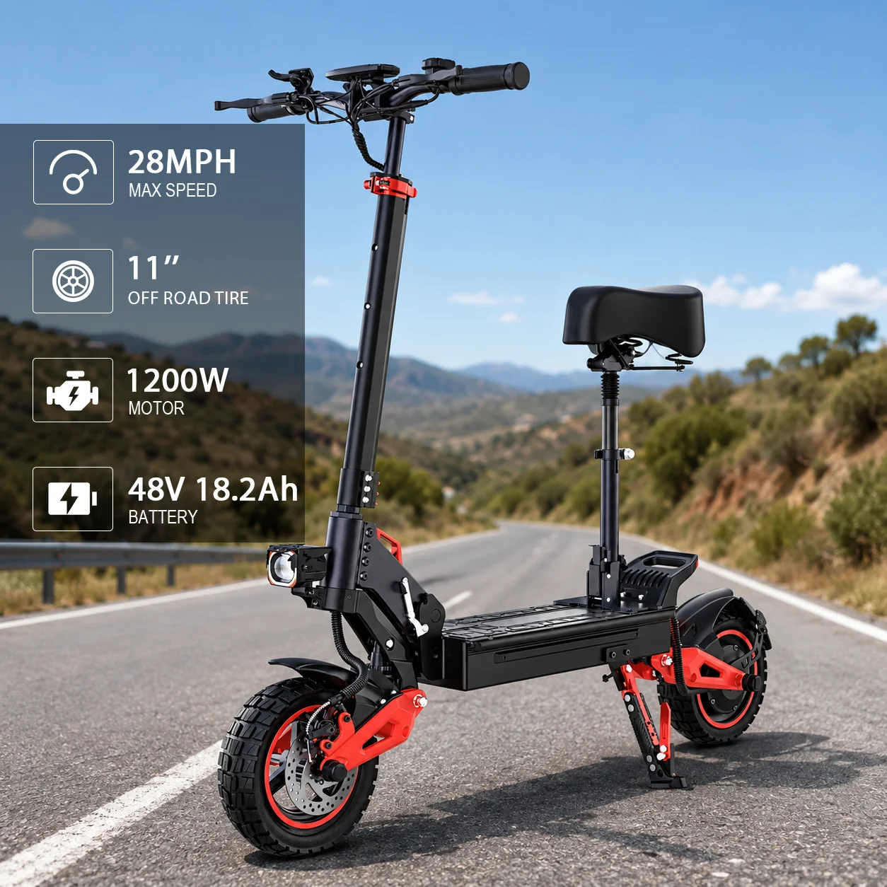 Off-Road Electric Scooter for Adults with Seat, 1200W Motor, 48V 18.2Ah Battery, 28MPH Fast Speed, 25-28 Mile Range, 11" Pneumatic Tires, Foldable E Scooter
Off-Road Electric Scooter for Adults with Seat, 1200W Motor, 48V 18.2Ah Battery, 28MPH Fast Speed, 25-28 Mile Range, 11" Pneumatic Tires, Foldable E Scooter